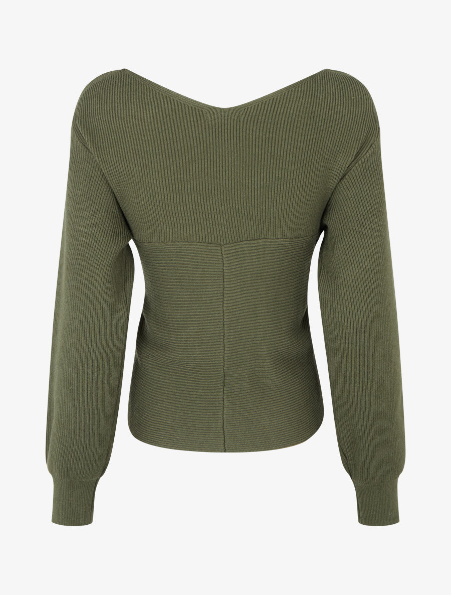 Maglia a coste unita con scollo a cuore. - Cachi