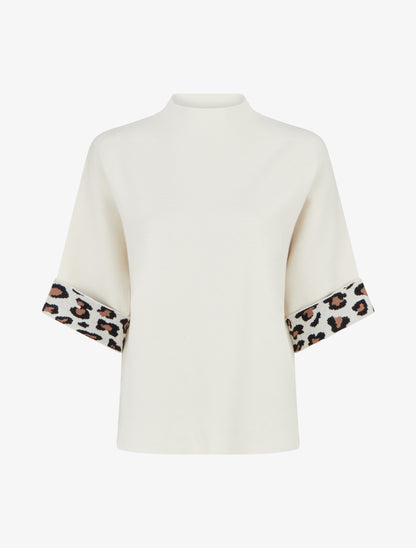 Pull à col montant et détail imprimé léopard - Blanc - 1