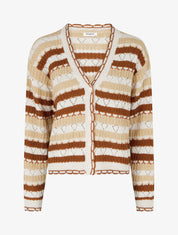 Gilet rayé en maille fantaisie à col V - Beige - 1