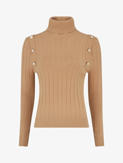 Pull fin à roulé et boutons décoratifs - Camel - 1