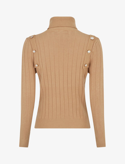 Pull fin à roulé et boutons décoratifs - Camel - 2