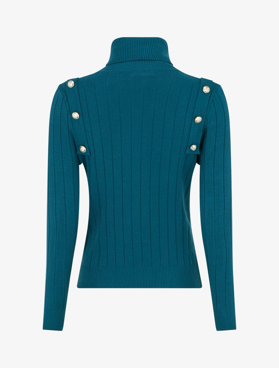 Pull fin à roulé et boutons décoratifs - Bleu canard - 2