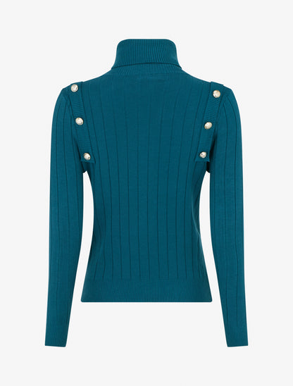 Pull fin à roulé et boutons décoratifs - Bleu canard - 2