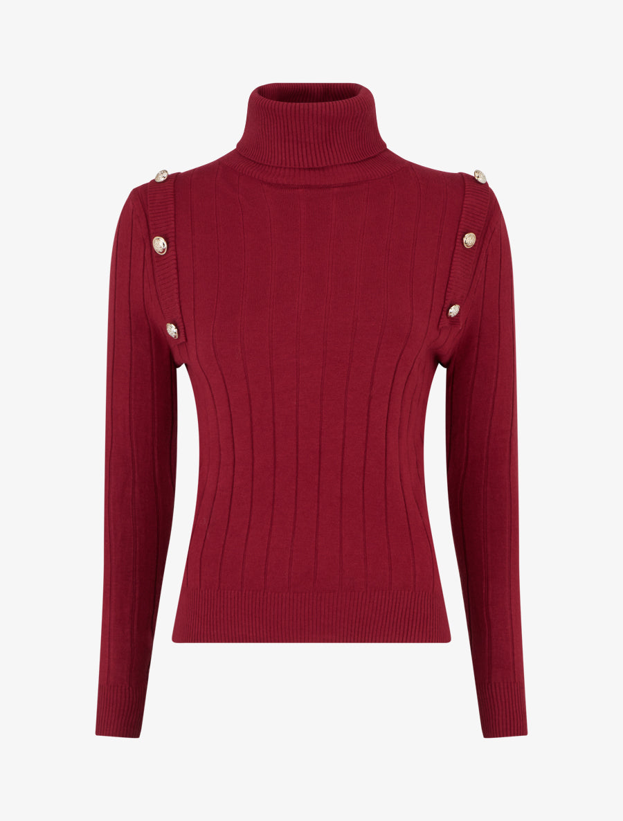 Pull fin à roulé et boutons décoratifs - Bordeaux - 1