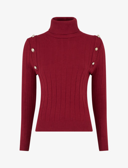 Pull fin à roulé et boutons décoratifs - Bordeaux - 1