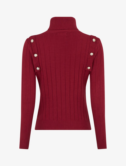 Pull fin à roulé et boutons décoratifs - Bordeaux - 2