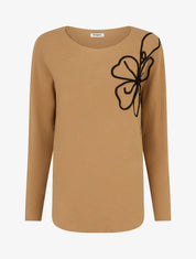 Pull uni à broderie fleur - Camel - 1