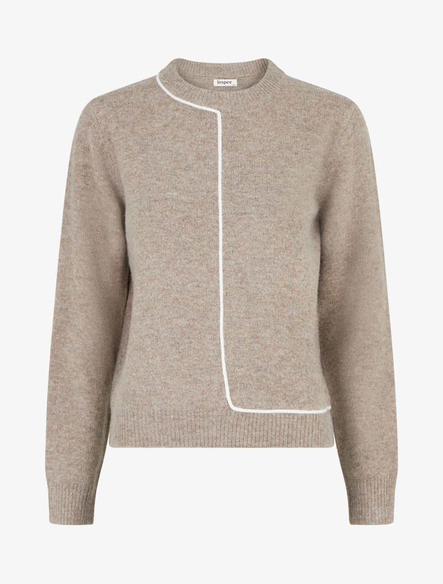 Pull droit à col rond et liseré contrastant - Taupe - 1