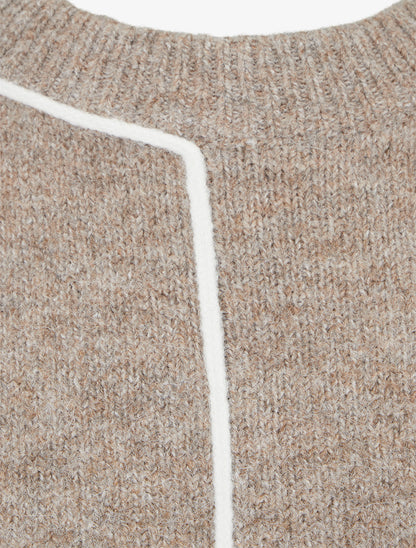 Pull droit à col rond et liseré contrastant - Taupe - 3