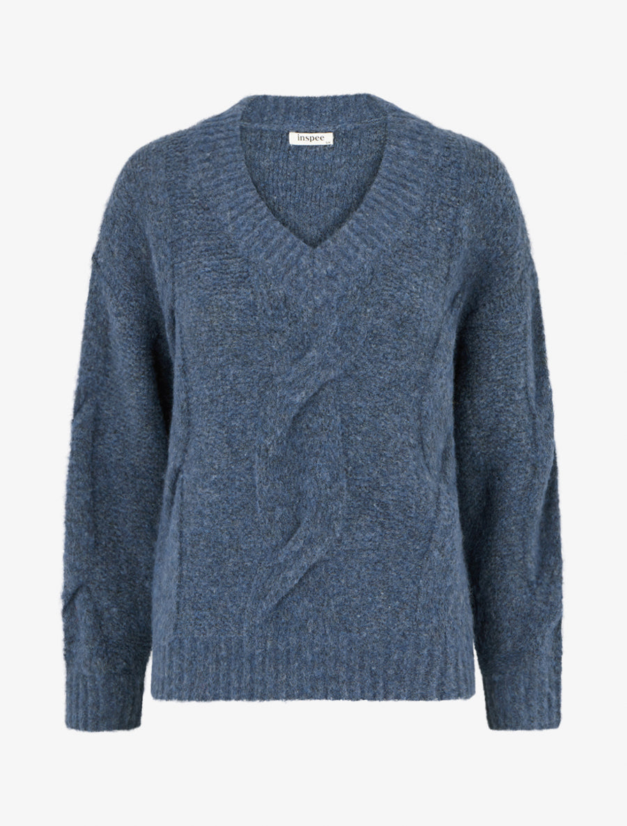 Pull droit en maille épaisse torsadée - Bleu foncé - 1
