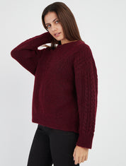 Maglia dritta con collo rotondo in maglia stilizzata - Bordeaux