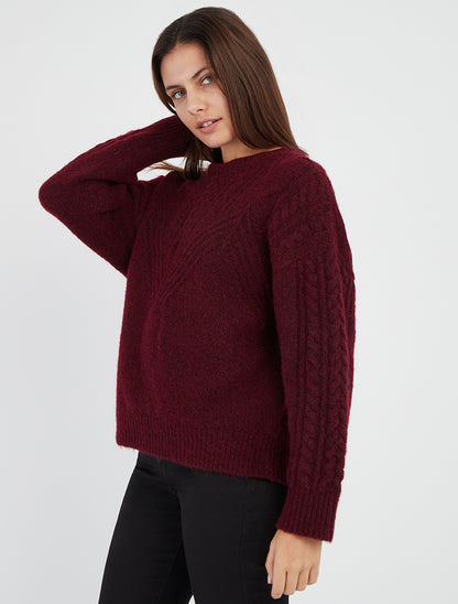 Maglia dritta con collo rotondo in maglia stilizzata - Bordeaux