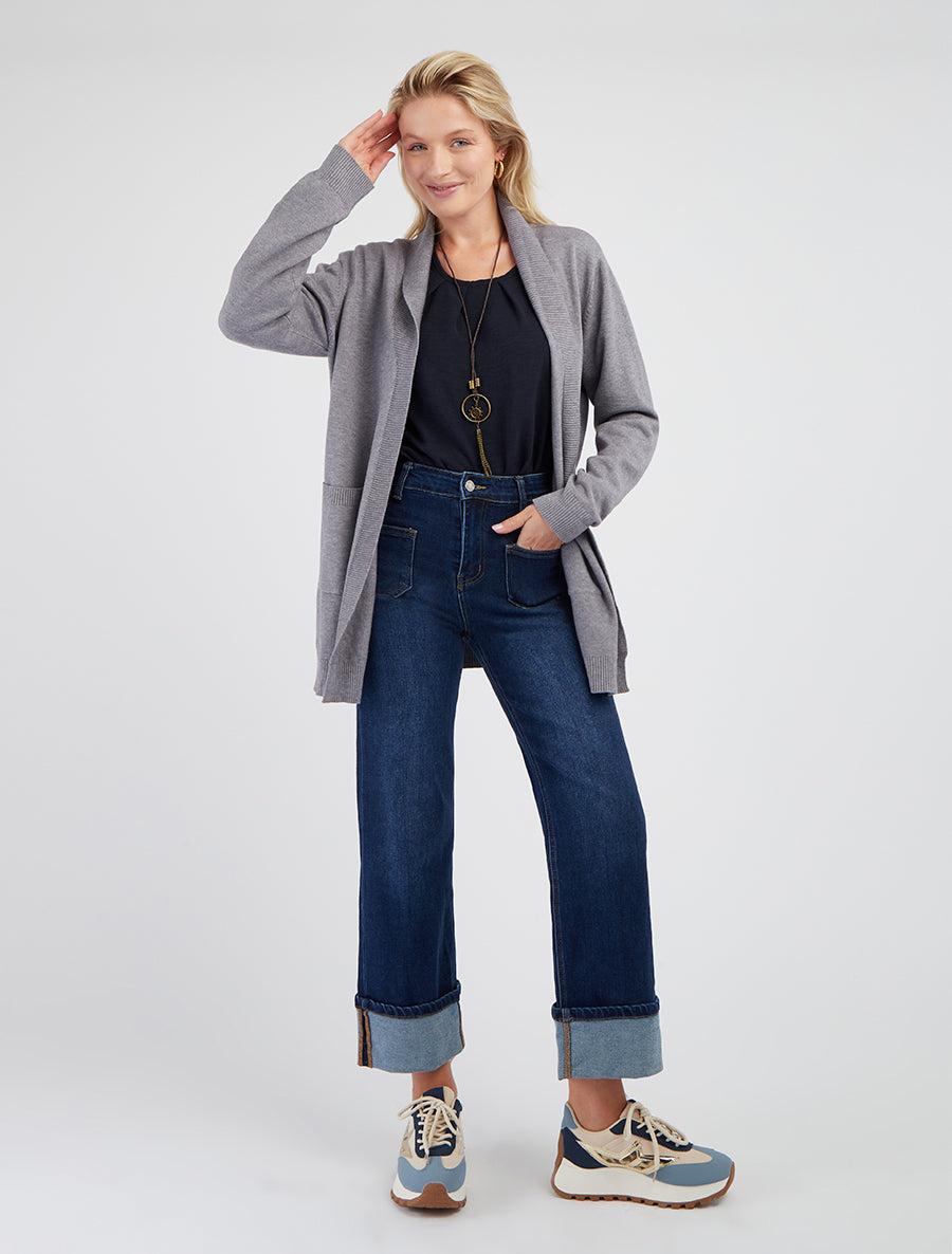 Gilet long uni à manches longues - Gris - 8