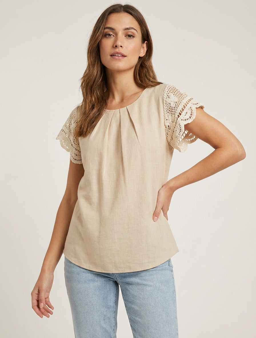 Top unito a maniche corte ricamate - Beige