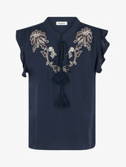 Top brodé à mancherons volantés - Marine - 1