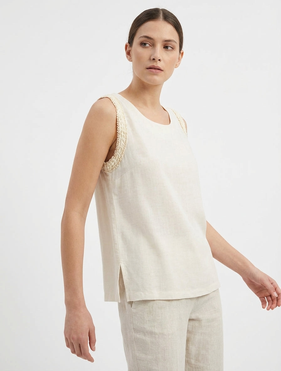 Top fluido a tinta unita senza maniche - Crema