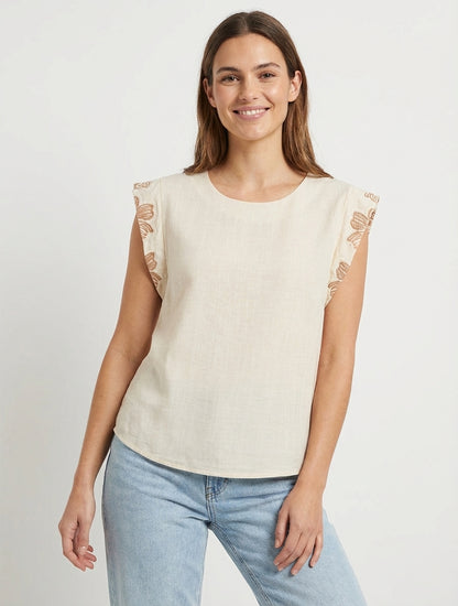 Top unito con maniche ricamate - Beige