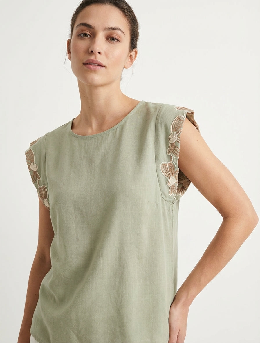 Top unito con maniche ricamate - Cachi