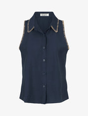 Chemisier uni sans manches boutonné - Marine - 1