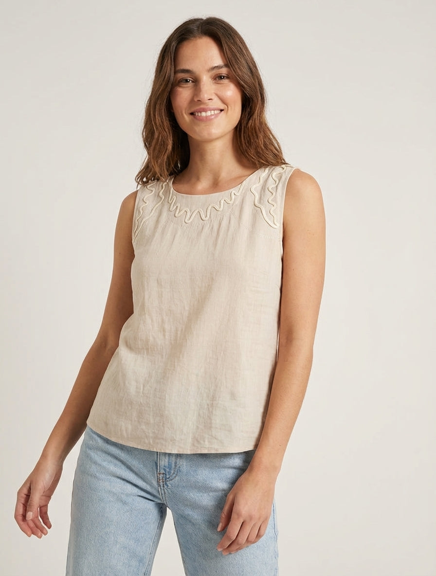 Top unito con dettagli ricamo onde - Beige