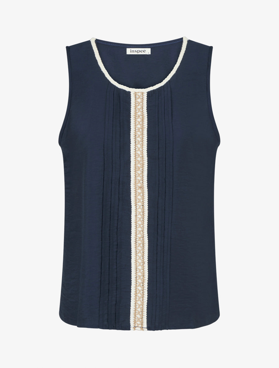 Top sans manches à col rond et broderie - Marine - 1