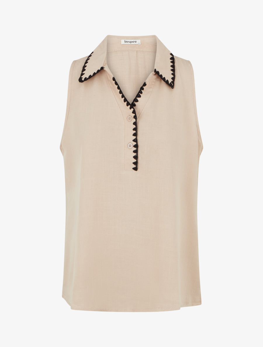 Chemisier sans manches à col brodé - Beige - 1