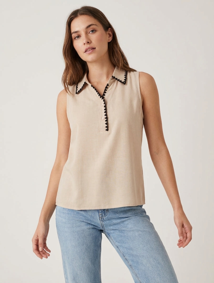 Blusa senza maniche con colletto ricamato - Beige