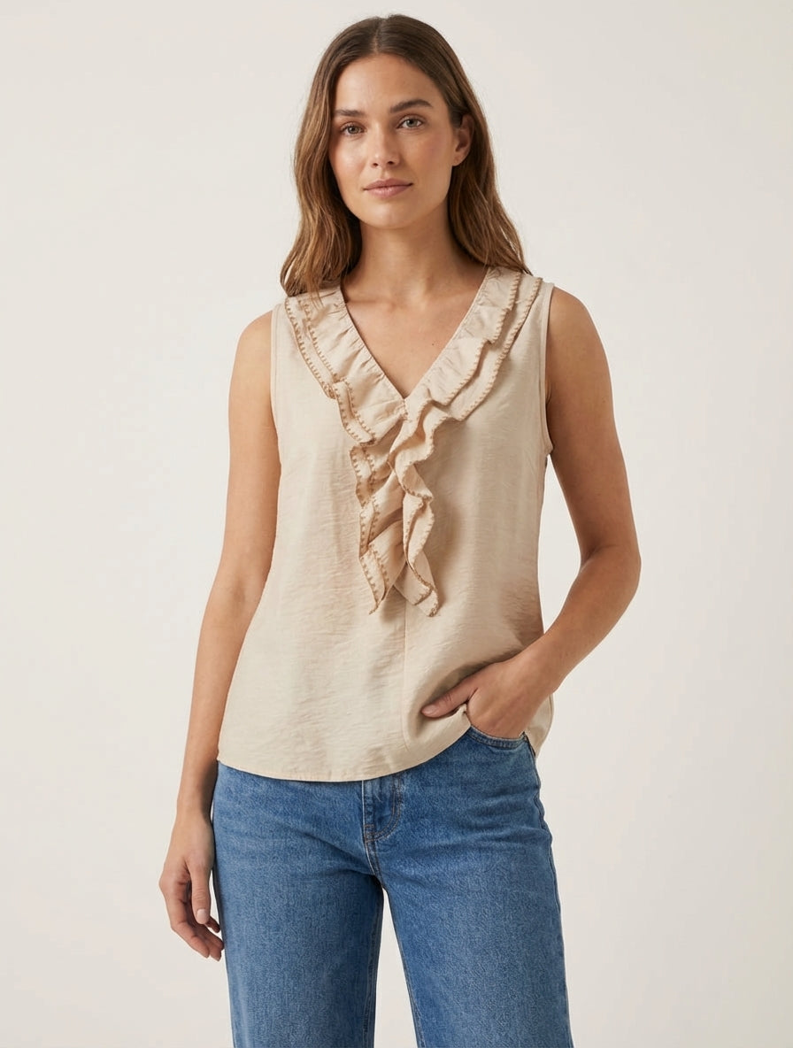 Top senza maniche con scollo a V con volant - Beige