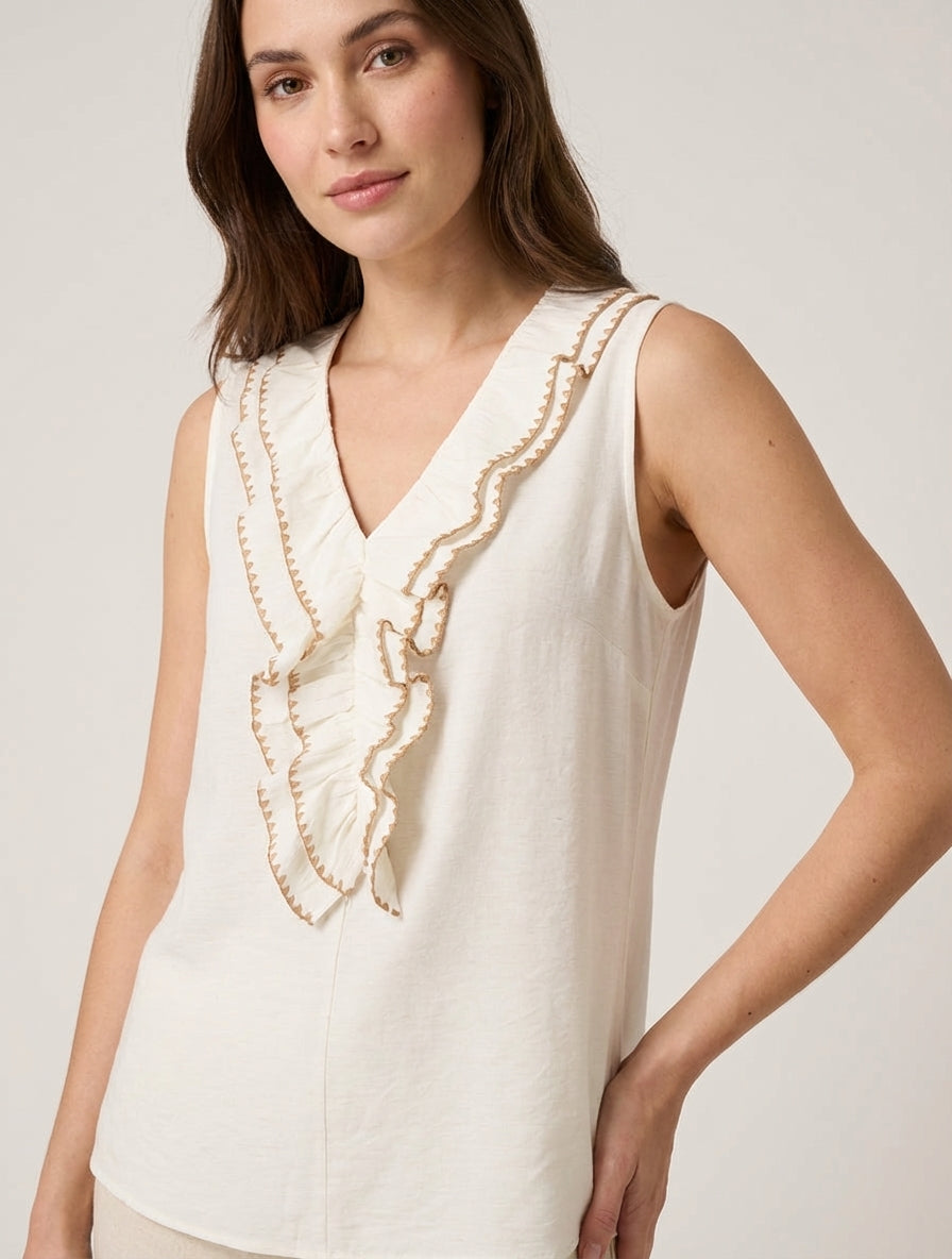 Top senza maniche con scollo a V con volant - Ecrù