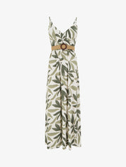Robe longue évasée imprimé végétal - Kaki - 1