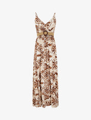 Robe longue évasée imprimé arabesques stylisés - Marron - 1