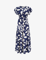 Robe longue manches courtes imprimé plantes stylisées - Marine - 1