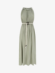 Robe longue unie à col rond stylisé - Kaki - 1