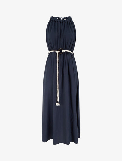 Robe longue unie à col rond stylisé - Marine - 1