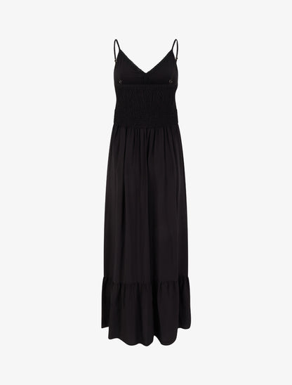 Robe longue unie à taille en dentelle - Noir - 2