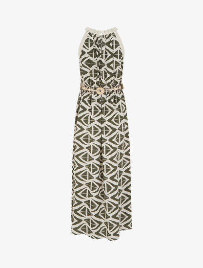 Robe longue à col américain imprimé graphique - Kaki - 2