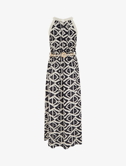 Robe longue à col américain imprimé graphique - Marine - 2