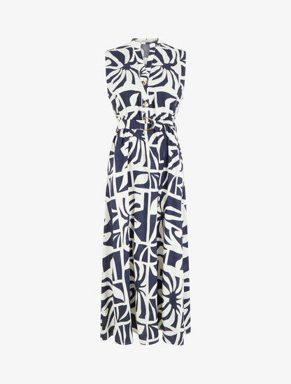 Robe longue imprimé stylisé à boutons décoratifs - Marine - 1
