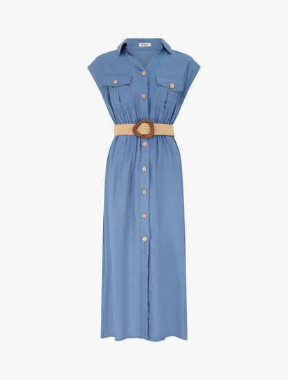 Robe longue unie boutonnée - Bleu - 1