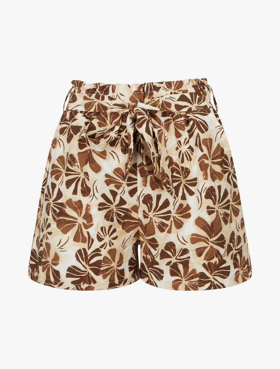 Short droit élastiqué imprimé fleuri - Marron - 1