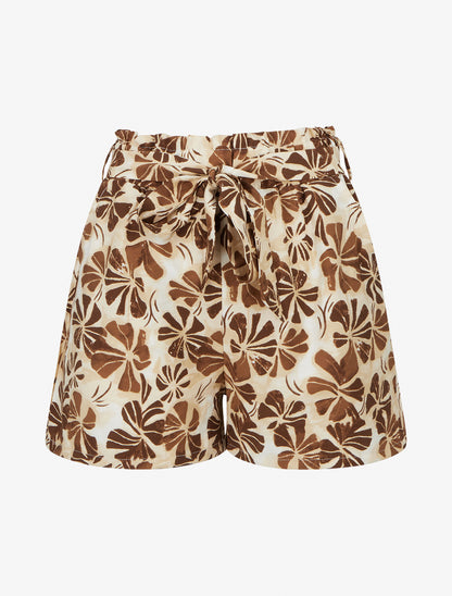 Short droit élastiqué imprimé fleuri - Marron - 1