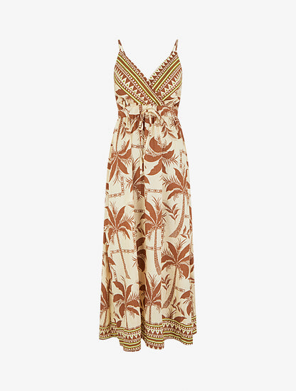 Robe longue à imprimé palmiers - Marron - 1