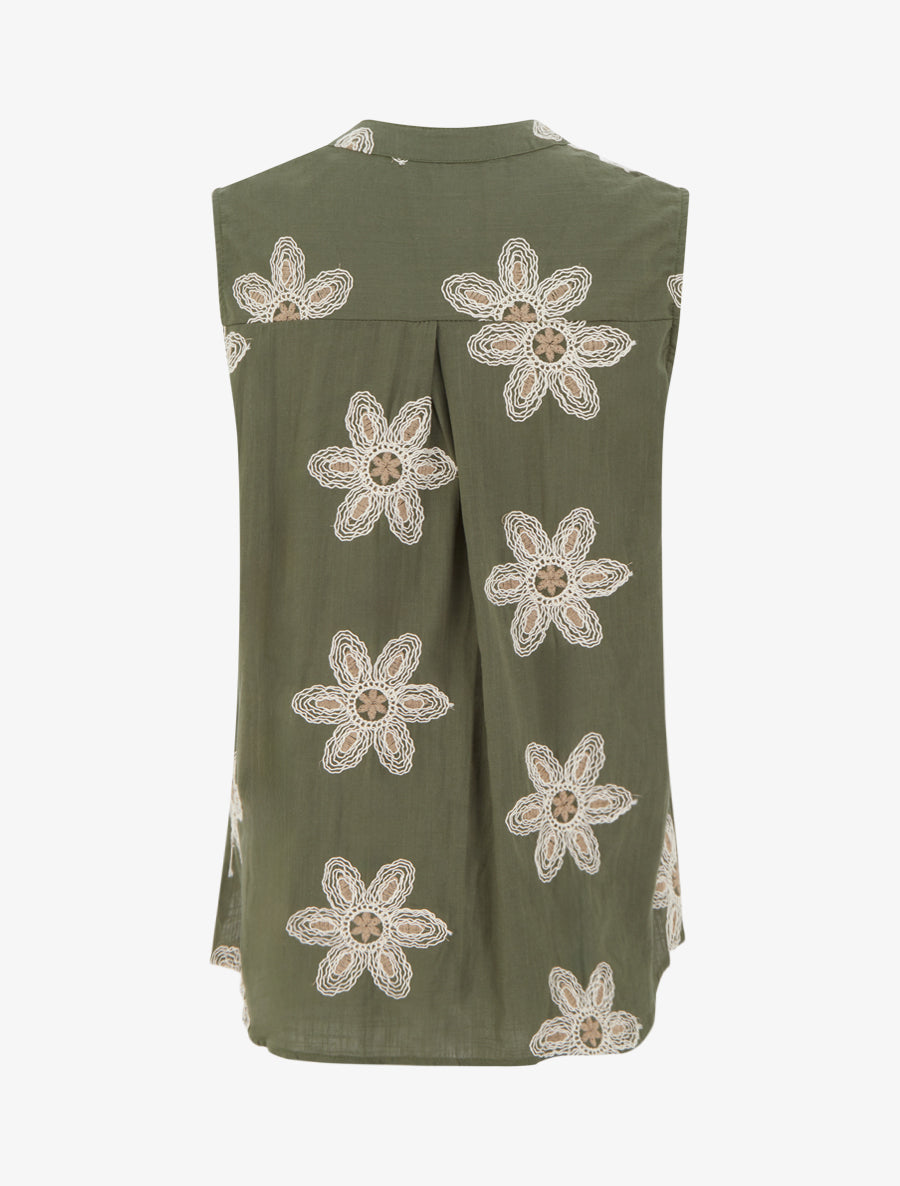 Blouse sans manches à broderies fleuries - Kaki - 2