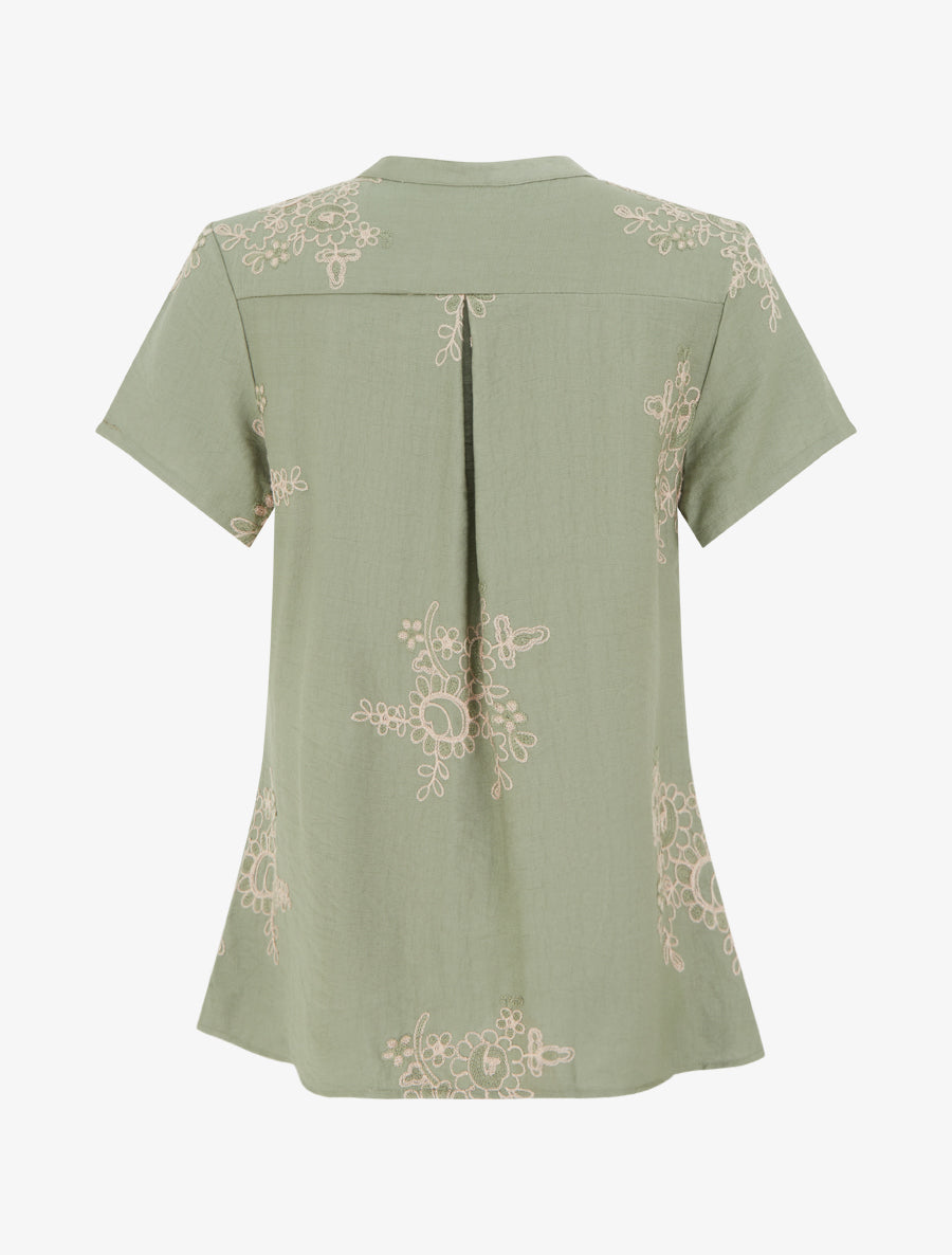 Blouse manches courtes à broderies fleuries - Kaki - 2