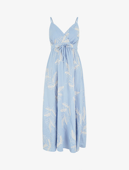 Robe longue empire à broderies feuilles stylisées - Bleu ciel - 1