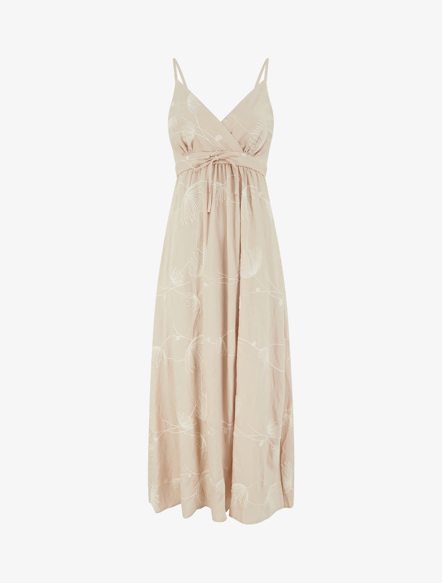 Robe longue empire à broderies végétales - Beige - 1
