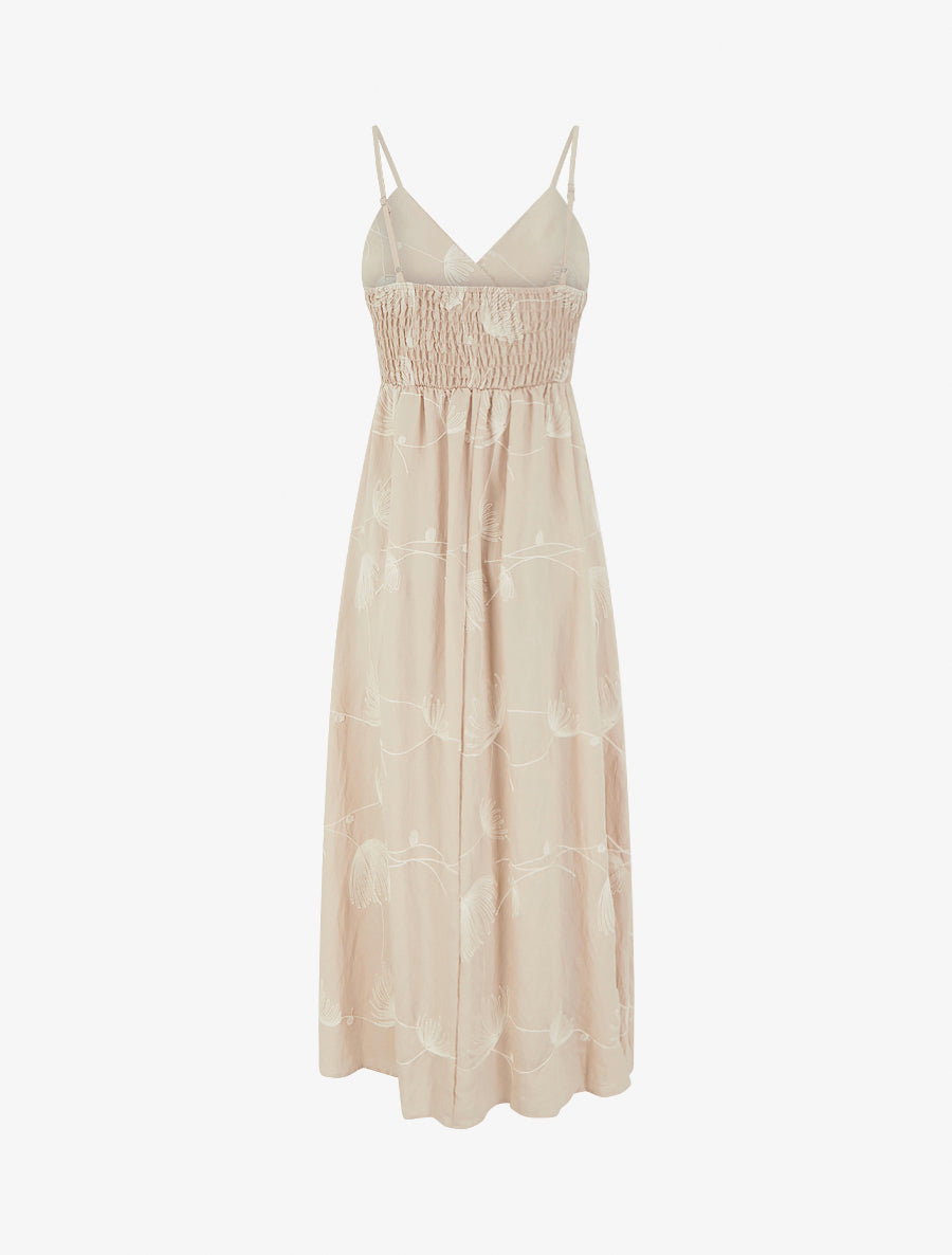 Robe longue empire à broderies végétales - Beige - 2