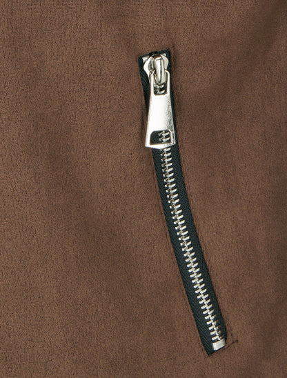 Giacca in camoscio sintetico con tasche decorative con zip - Marrone
