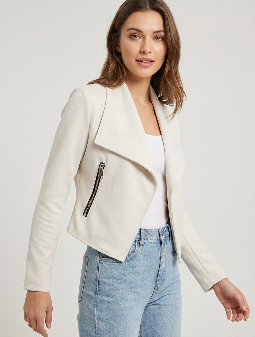 Giacca in suedine con collo a scialle - Crema