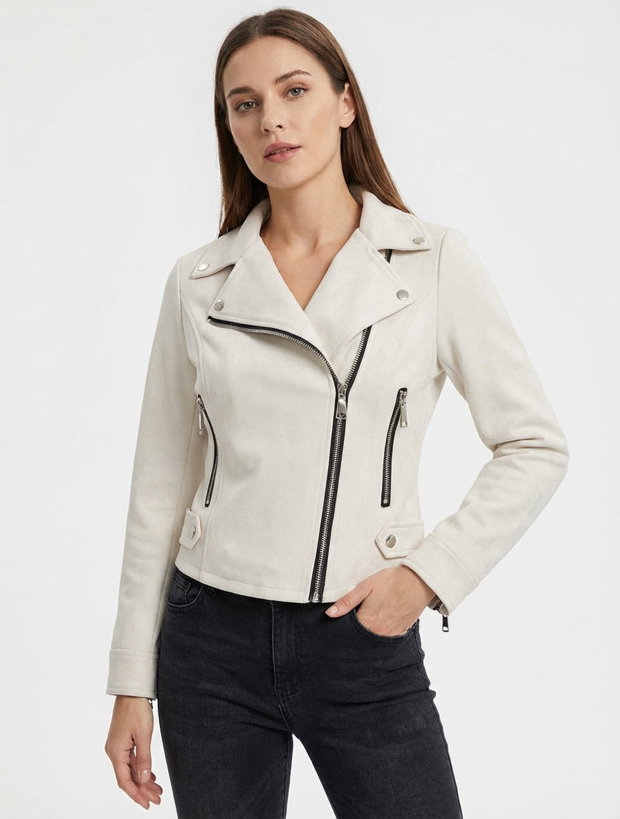 Giacca in suede con chiusura a zip - Ecrù